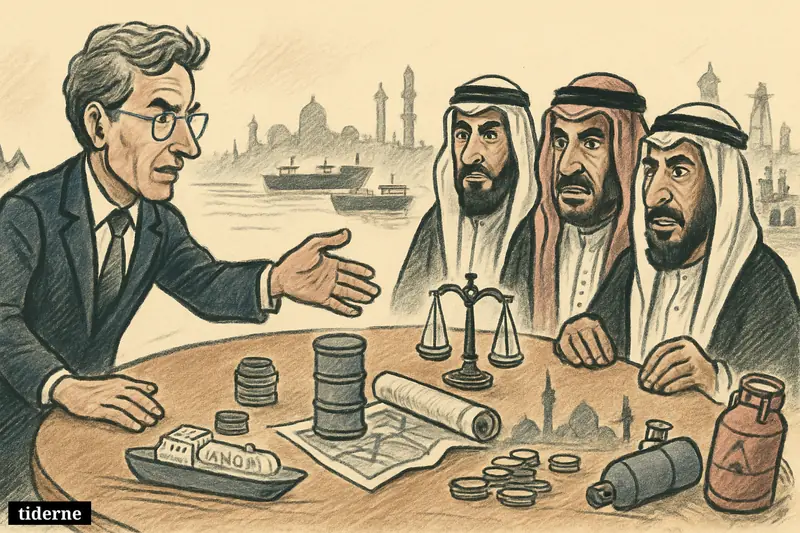 A caricature of EU-Gulf energy diplomacy around a table with tankers, gas props, maps, and symbols of stability after past market panic.