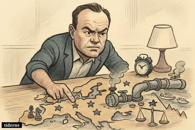Dan Jørgensen as a worried caricature stands over a Europe-shaped table surrounded by fragile gas, oil, and LNG energy symbols.