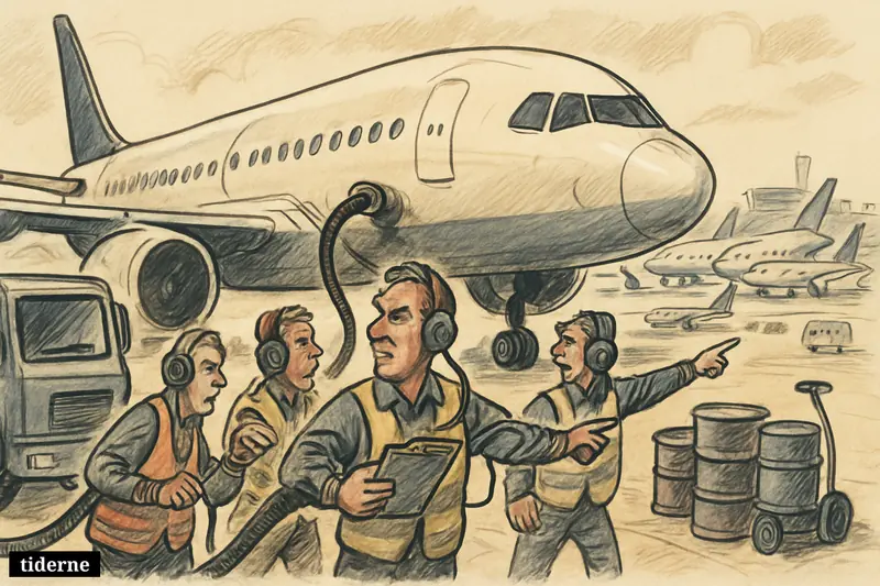 A Lufthansa jet is refueled on a crowded airport apron as ground crews work urgently and other planes queue behind.