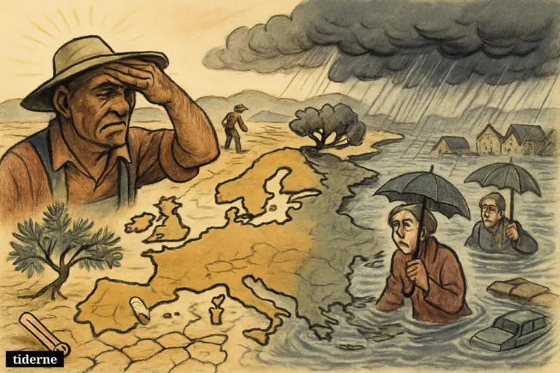 A wide caricature of Europe divided between severe drought in the south and destructive flooding and heavy rain in central and northwestern regions.
