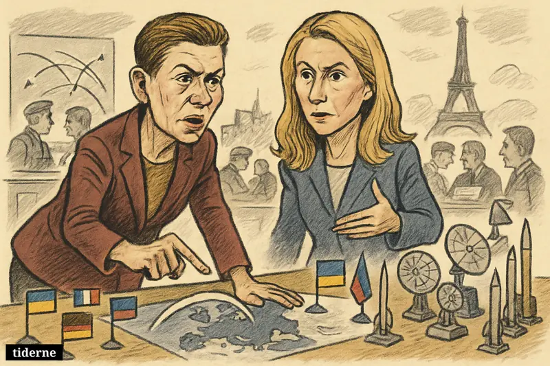Mette Frederiksen and Kaja Kallas lead a joint European missile defense planning meeting around a strategy table in Paris. (AI-genereret illustration)