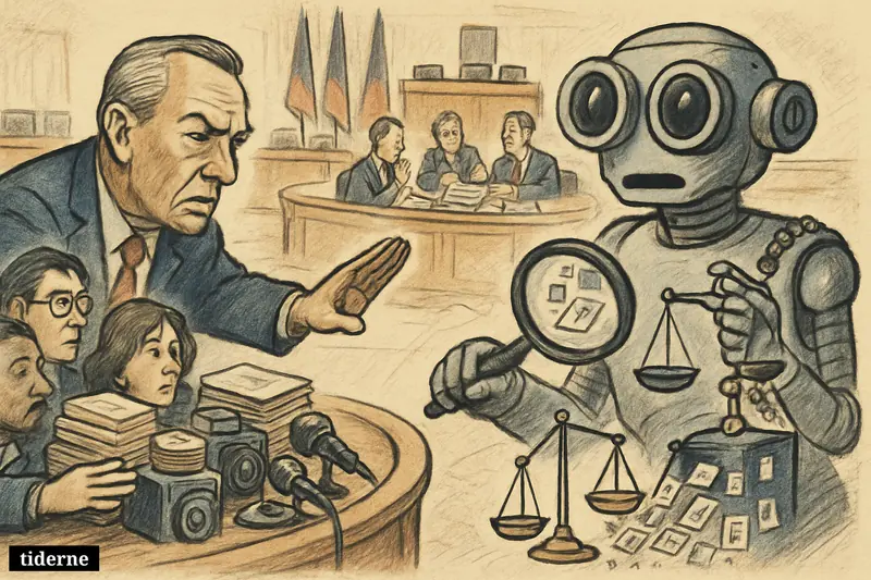 A European council chamber where lawmakers, publishers, and creators confront a bulky AI machine over media content, licenses, and copyright oversight.
