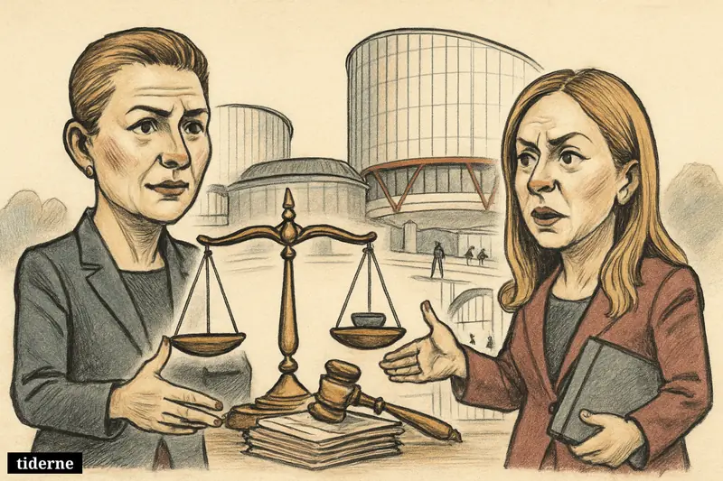 Caricature of Mette Frederiksen and Giorgia Meloni outside Strasbourg court, gesturing over scales, legal papers, and escorted criminal figures near a gate.