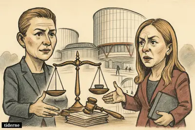Caricature of Mette Frederiksen and Giorgia Meloni outside Strasbourg court, gesturing over scales, legal papers, and escorted criminal figures near a gate.