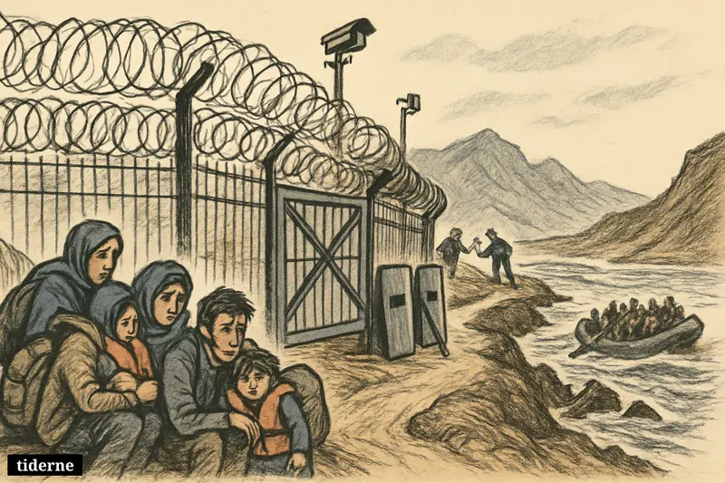 A harsh border fence blocks exhausted migrants, while dangerous mountain and sea routes force them toward riskier paths.