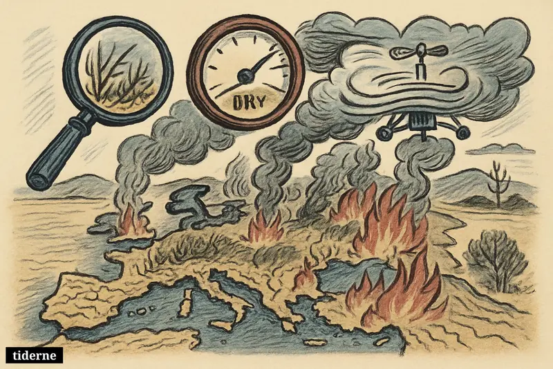 A map-shaped Europe burns in multiple regions while scientific instruments hover above, highlighting drought, dry air, and dangerous land conditions. (AI-genereret illustration)