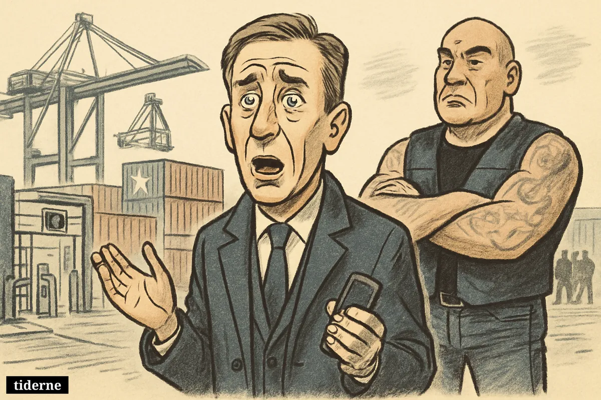 Startled Europol chief Andy Kraag confronts a biker dockworker at a container terminal with cranes, containers, and visible harbor security barriers. (AI-genereret illustration)
