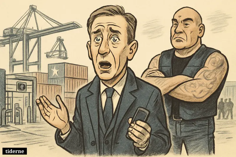 Startled Europol chief Andy Kraag confronts a biker dockworker at a container terminal with cranes, containers, and visible harbor security barriers. (AI-genereret illustration)
