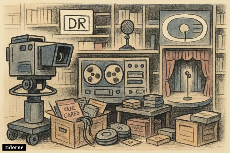A cluttered TV archive with vintage cameras, tape reels, an empty shelf gap, and an abandoned 1960s song contest stage.