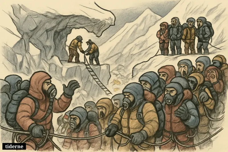 A crowded line of Everest climbers waits below a huge ice block while guides secure ropes and ladders through the Khumbu Icefall.