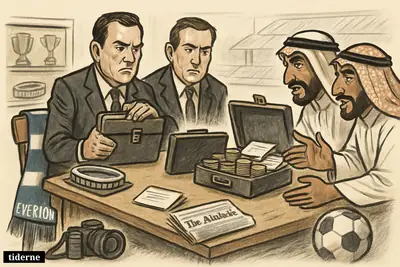 Club executives and Saudi buyers face off across a football transfer table, with money briefcases, Everton props, and sports media nearby. (AI-genereret illustration)
