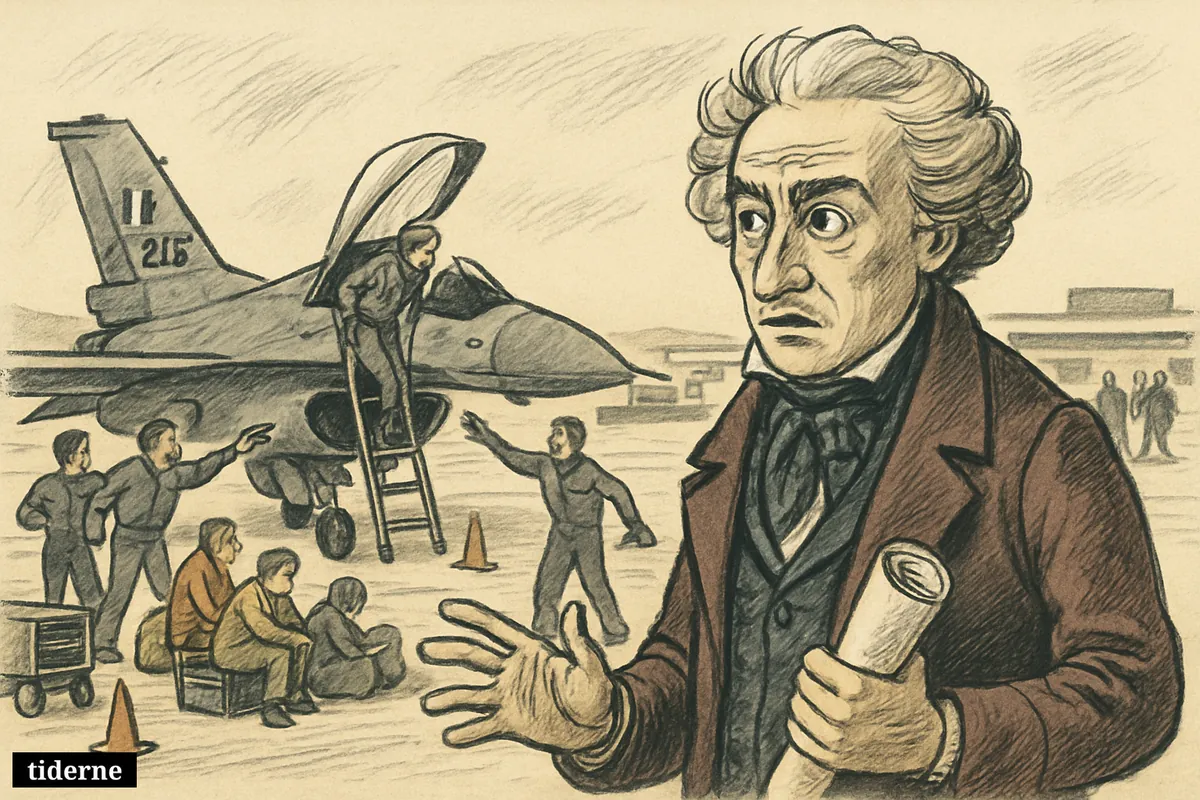 Caricature of Dionysios Solomos watching a Greek F-16 emergency landing scene on Zakynthos runway as pilot and airport staff manage disruptions. (AI-genereret illustration)