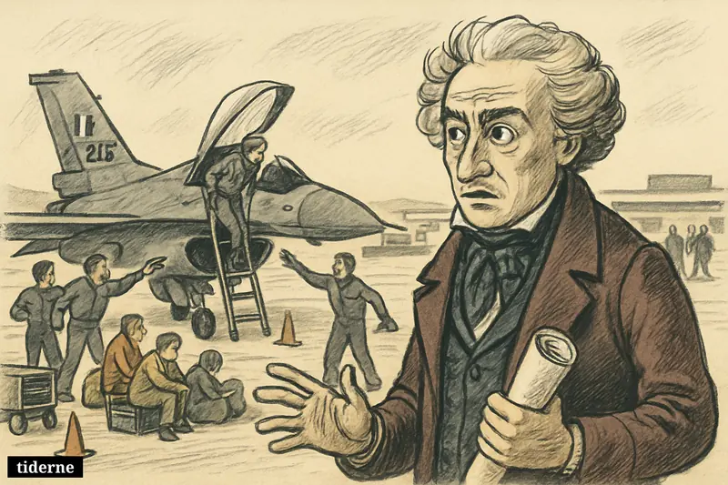 Caricature of Dionysios Solomos watching a Greek F-16 emergency landing scene on Zakynthos runway as pilot and airport staff manage disruptions. (AI-genereret illustration)
