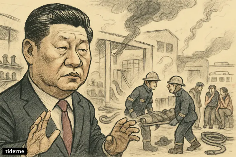 Caricature of Xi Jinping in front of a burned shoe factory as rescue workers carry a stretcher and survivors gather nearby. (AI-genereret illustration)