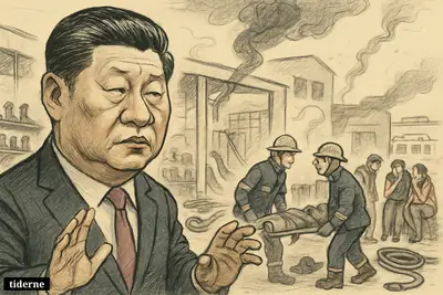 Caricature of Xi Jinping in front of a burned shoe factory as rescue workers carry a stretcher and survivors gather nearby. (AI-genereret illustration)