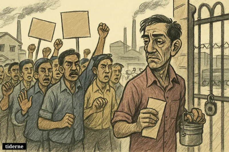 Caricature of exhausted factory workers protesting outside an industrial complex in North India, with locked gates, idle trucks, and cramped housing nearby.
