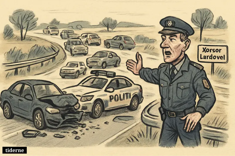 A blocked rural road with two crashed cars, a police officer redirecting traffic, and motorists turning toward an alternate route.