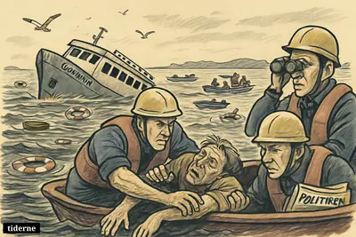 Rescue workers search choppy waters around a capsized ferry off Guyana, pulling a survivor aboard as debris and lifeboats surround them. (AI-genereret illustration)