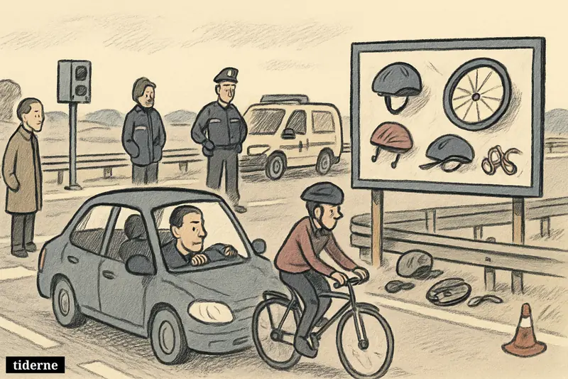 A calm Danish road scene with careful drivers, a cyclist, waiting pedestrian, and minimal accident signs suggesting fewer traffic deaths and injuries.