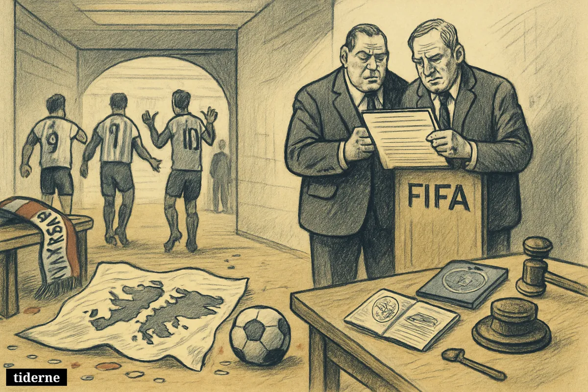 A football stadium corridor with FIFA officials, a disputed banner on the floor, and political props suggesting investigation after a tense semifinal. (AI-genereret illustration)