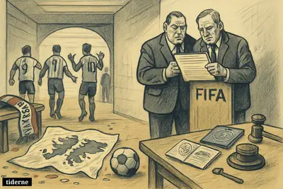 A football stadium corridor with FIFA officials, a disputed banner on the floor, and political props suggesting investigation after a tense semifinal. (AI-genereret illustration)