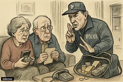 An elderly couple looks frightened on a sofa as a fake police officer takes gold and cash from their living room.