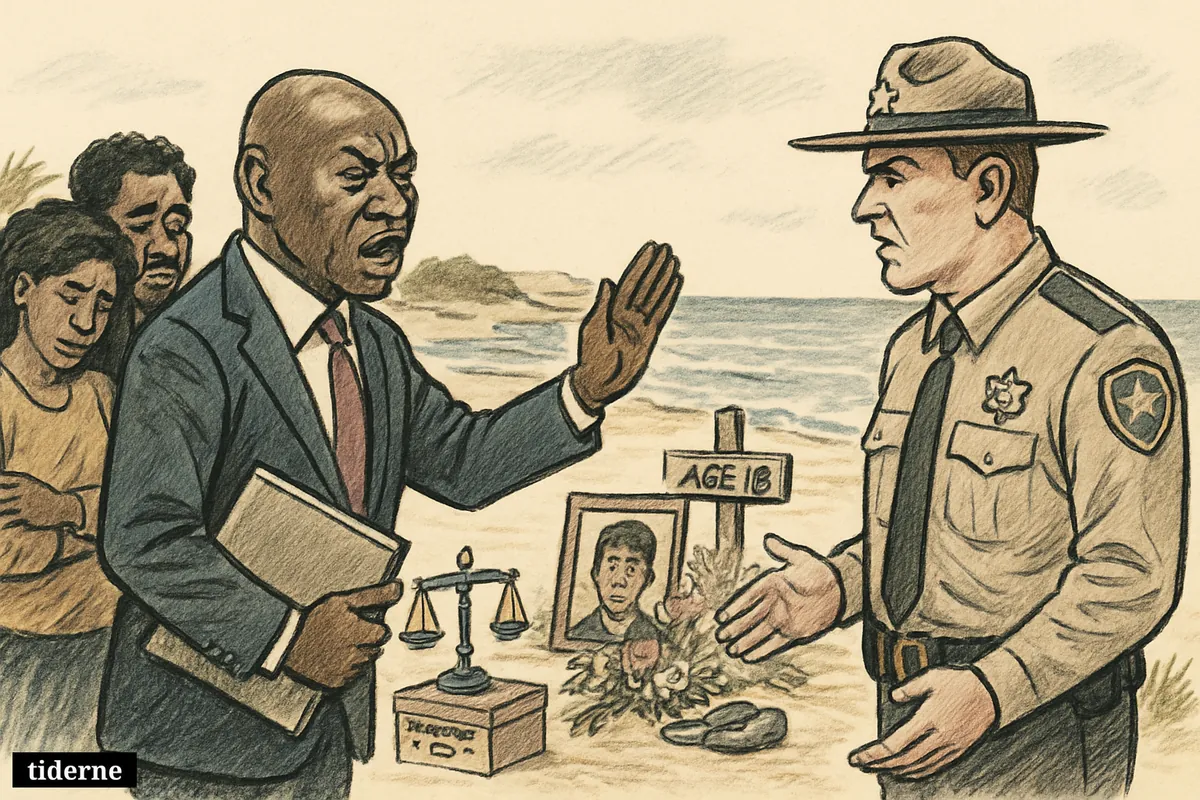 Benjamin Crump confronts Sheriff John Ledbetter on an island shore as grieving relatives stand near a memorial for a missing teenager. (AI-genereret illustration)