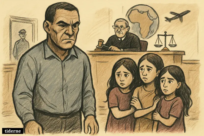A courtroom caricature shows a father being sentenced while three frightened daughters stand together beside him, with travel symbols referencing Somalia.