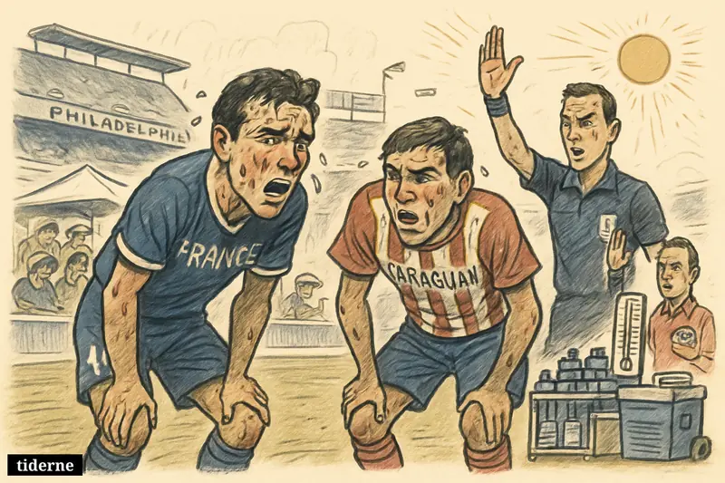 Exhausted France and Paraguay players pause in extreme heat as a referee signals a hydration break in a Philadelphia stadium.