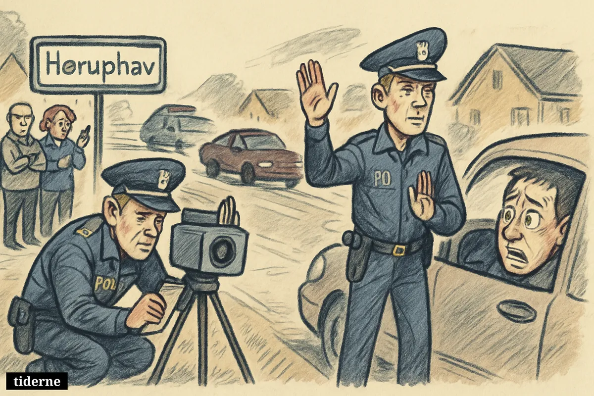 Police conduct roadside speed control in a village as a startled driver is stopped and residents watch speeding cars pass. (AI-genereret illustration)