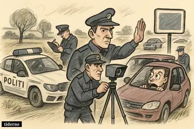 Police conduct a roadside speed check on a country road, stopping startled drivers while more cars approach behind them. (AI-genereret illustration)