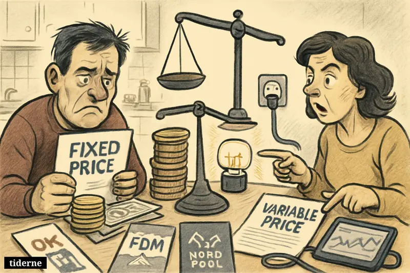 An anxious family compares costly fixed electricity pricing with a cheaper variable option at a kitchen table surrounded by energy-related props.