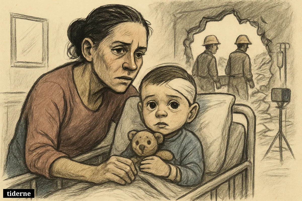 A worried young aunt sits beside an injured toddler in a hospital bed, with rescue workers and earthquake rubble visible behind them.