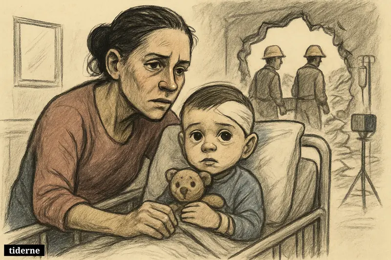 A worried young aunt sits beside an injured toddler in a hospital bed, with rescue workers and earthquake rubble visible behind them.