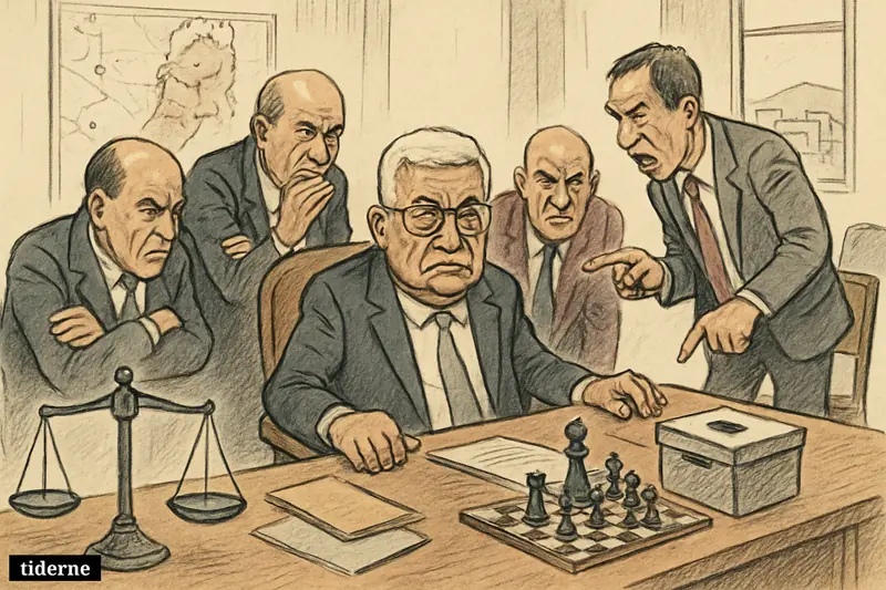 Mahmoud Abbas sits under pressure at a tense Ramallah meeting table as Fatah officials argue around symbols of crisis and succession.