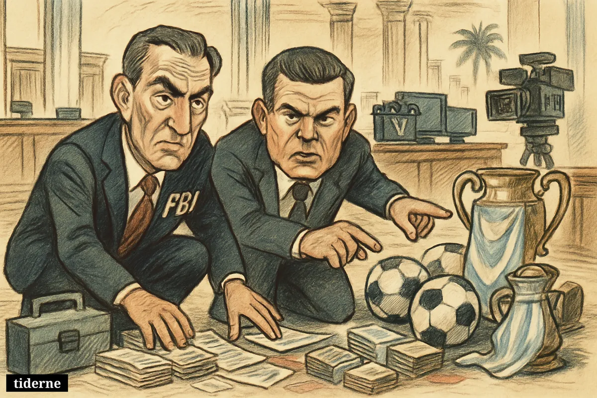 Two FBI agents investigate cash and Argentine football-linked evidence inside a bank lobby, with broadcast props and a faint Miami backdrop. (AI-genereret illustration)