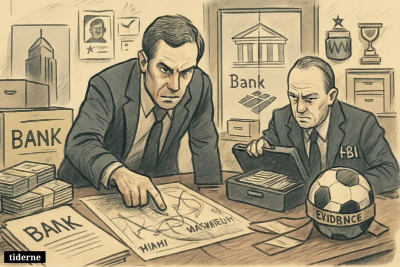FBI investigators examine cash, bank files, and soccer-linked evidence in an investigation room filled with banking and football clues. (AI-genereret illustration)