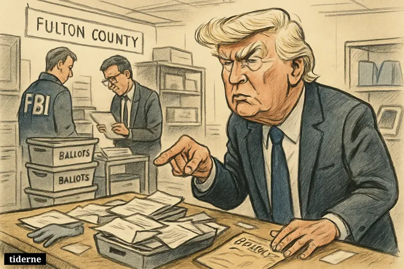 Caricature of Donald Trump in a tense Georgia election office as FBI agents inspect ballot boxes and voting materials during a raid.