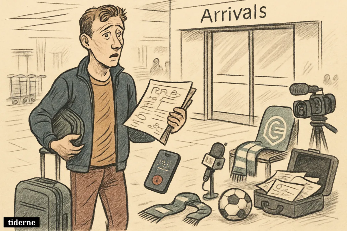 A stranded footballer waits anxiously in an airport with forged transfer papers, luggage, and sports media props hinting at a fake club move. (AI-genereret illustration)