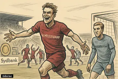 Caricature football scene with celebrating FC Midtjylland players after scoring, dejected Sønderjyske opponents, and a stadium setting marking a season-opening victory. (AI-genereret illustration)