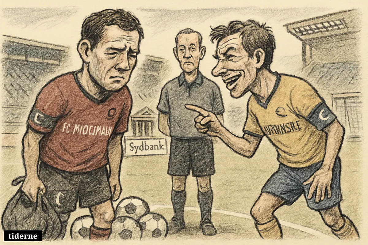 Two caricature football captains meet at midfield, one tense under a burden of losses, the other eager, with Sydbank-themed stadium elements behind them. (AI-genereret illustration)