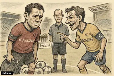 Two caricature football captains meet at midfield, one tense under a burden of losses, the other eager, with Sydbank-themed stadium elements behind them. (AI-genereret illustration)