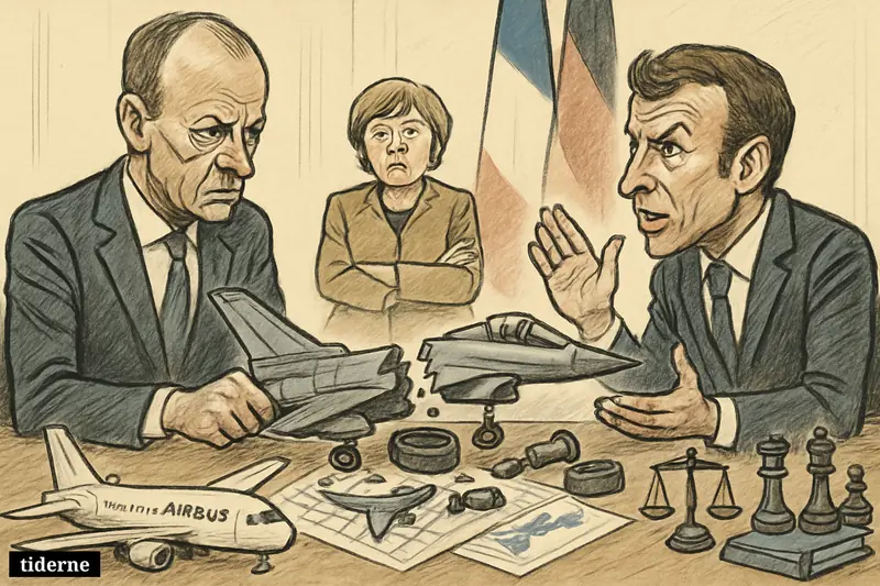 Merz and Macron tug apart a broken fighter jet model across a negotiation table, while Merkel watches and Airbus appears as a side prop.