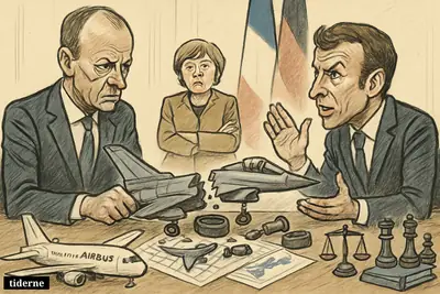 Merz and Macron tug apart a broken fighter jet model across a negotiation table, while Merkel watches and Airbus appears as a side prop.