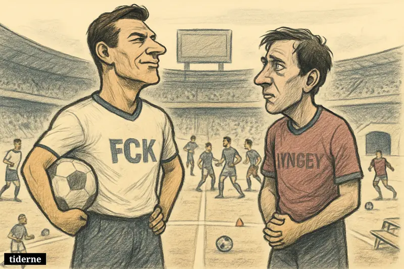 Two caricature football captains face off at midfield in Parken as confident FCK players and uneasy Lyngby players prepare behind them. (AI-genereret illustration)
