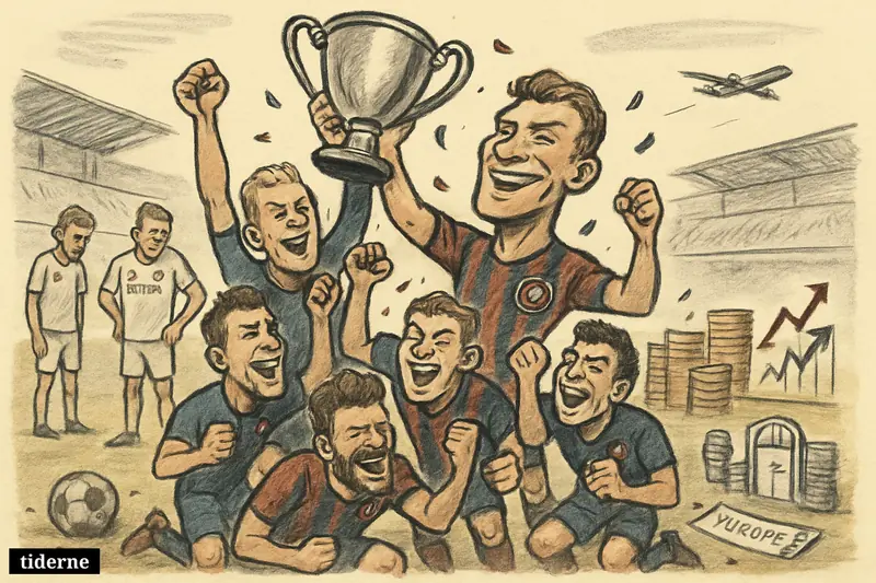 FC Midtjylland players celebrate a cup final win with a trophy while disappointed FC Copenhagen players and financial symbols frame the stadium scene.