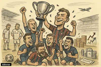 FC Midtjylland players celebrate a cup final win with a trophy while disappointed FC Copenhagen players and financial symbols frame the stadium scene.