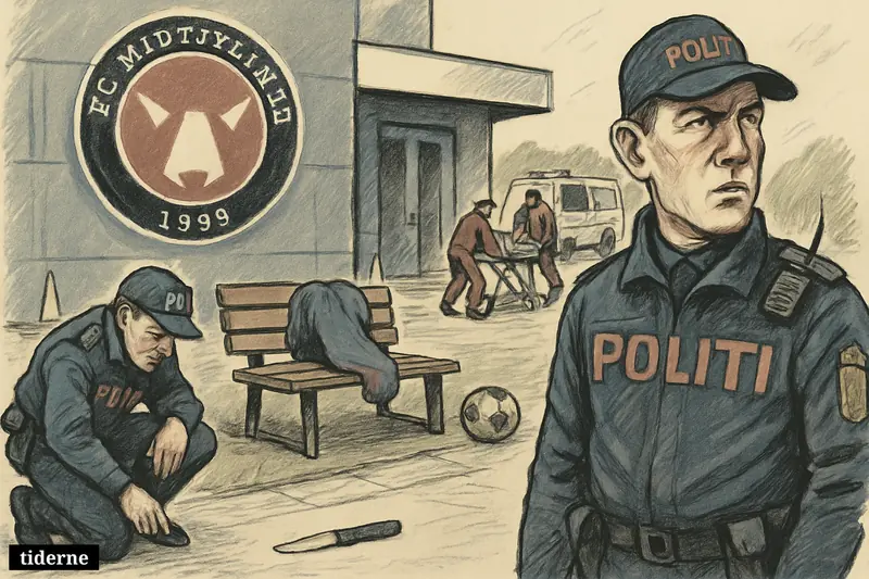Police investigate near an FC Midtjylland training ground, with football gear, a knife on the pavement, and paramedics by an ambulance.