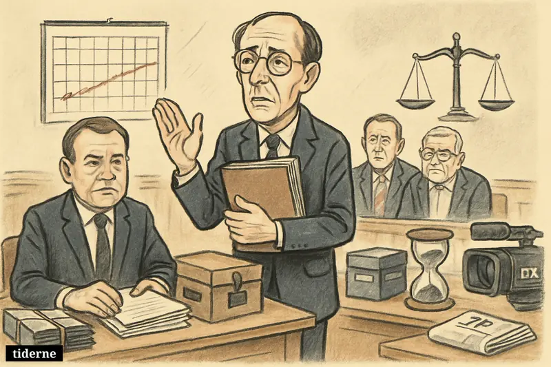 Four Danish public figures in a tense hearing room surrounded by sealed files, legal papers, a distant calendar, and symbols of delay and secrecy. (AI-genereret illustration)