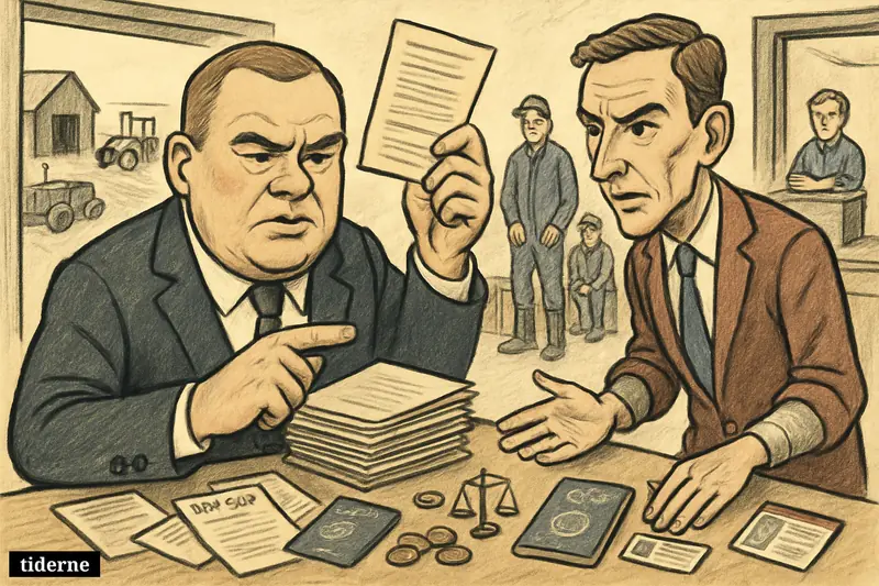 Caricature of Morten Bødskov and Martin Kristian Brauer reviewing wage files in a farm office with anxious trainees and legal symbols.